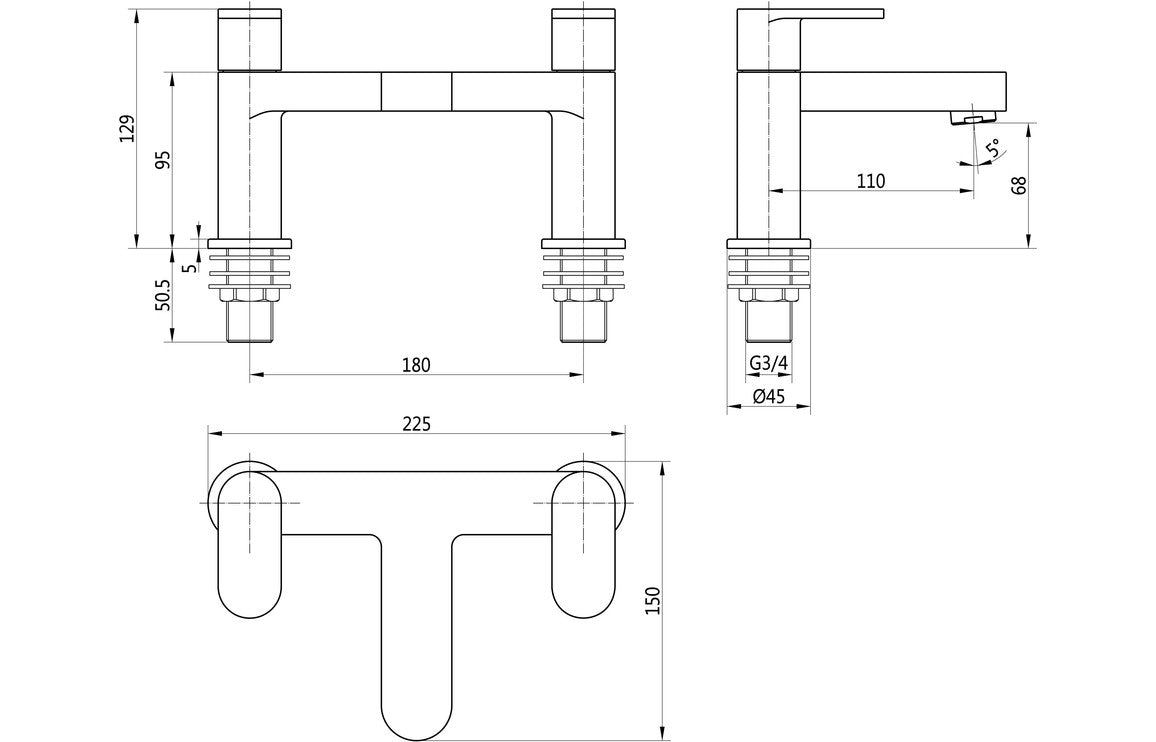 Chrome bath tap technical line drawing with dimensions and mounting details