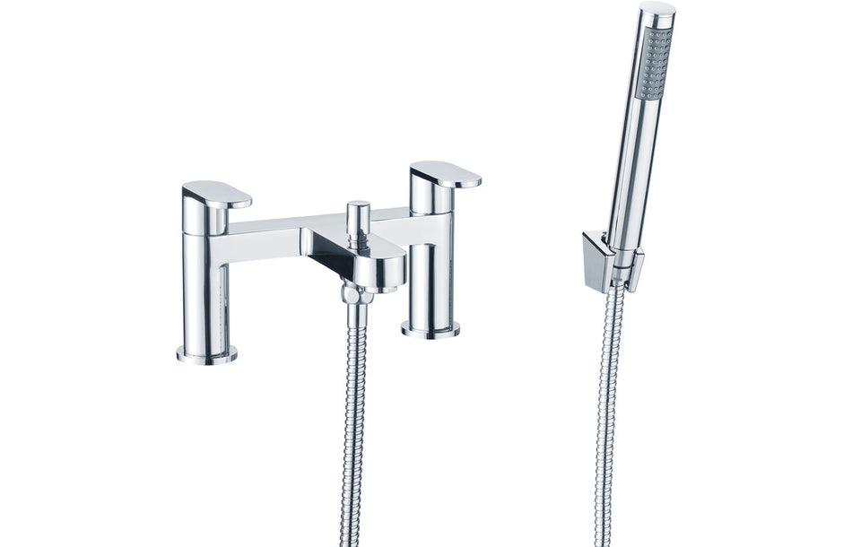 Chrome bath shower mixer with two taps and handheld shower head, flexible hose