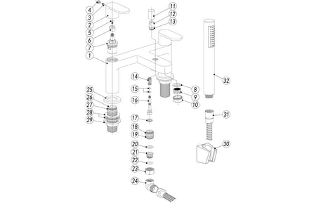 Bath shower mixer exploded parts diagram with shower rail and fittings in chrome
