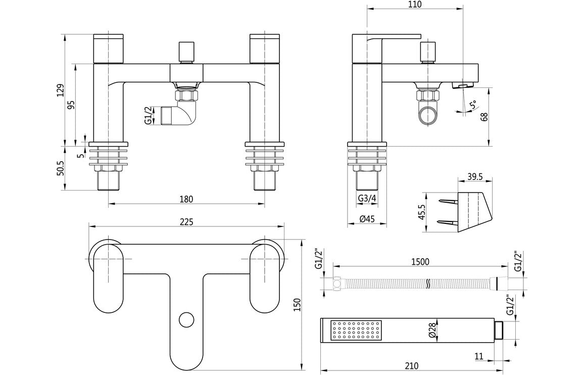 Bath shower mixer technical line drawing with dimensions and shower handset