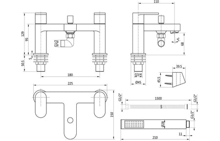 Bath shower mixer technical line drawing with dimensions and shower handset