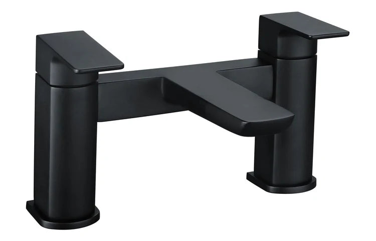 Matte black deck-mount bath filler with two taps and curved single spout