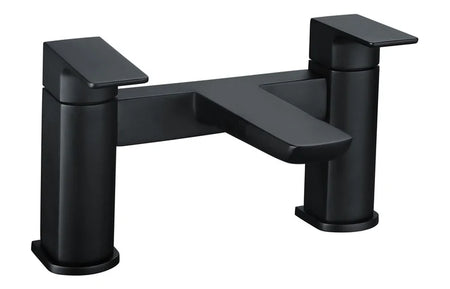 Matte black deck-mount bath filler with two taps and curved single spout
