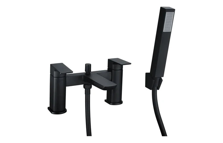 Matt black bath and shower mixer with cross handles and handheld shower head