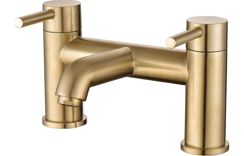Brushed brass bath filler faucet with two deck-mounted handles and curved spout