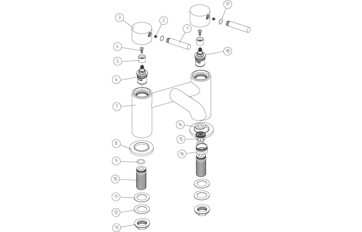 Exploded view of brushed brass bath filler faucet parts, cartridges, and seals