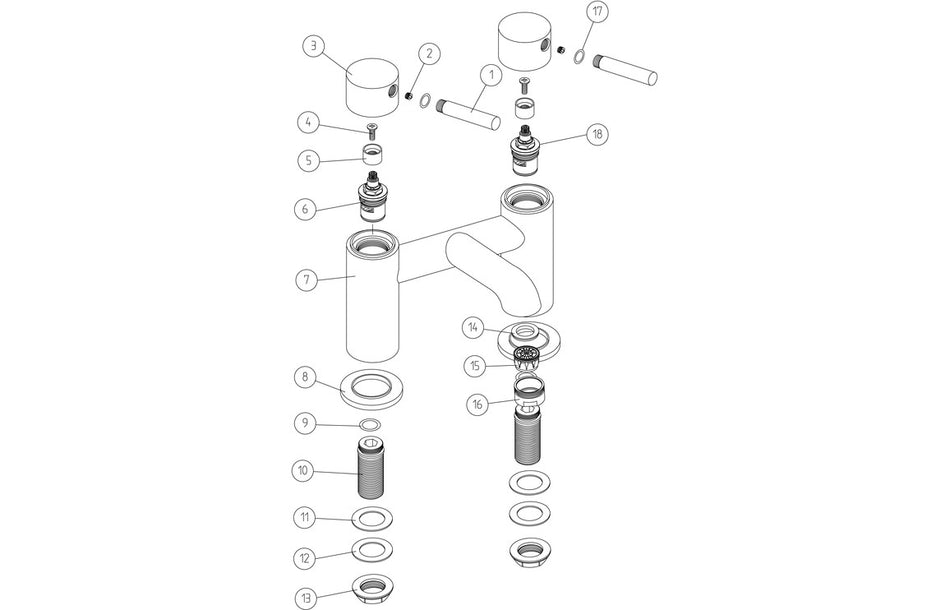 Exploded view of brushed brass bath filler faucet parts, cartridges, and seals