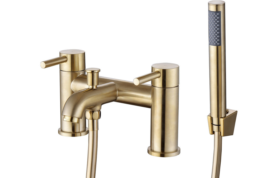 Brushed brass bath/shower mixer with diverter, handles, and handheld shower rail