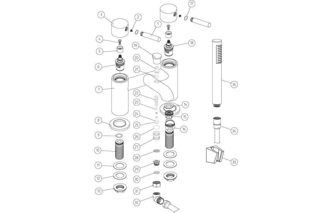 Brushed brass bath/shower mixer exploded parts diagram with brackets and cartridges