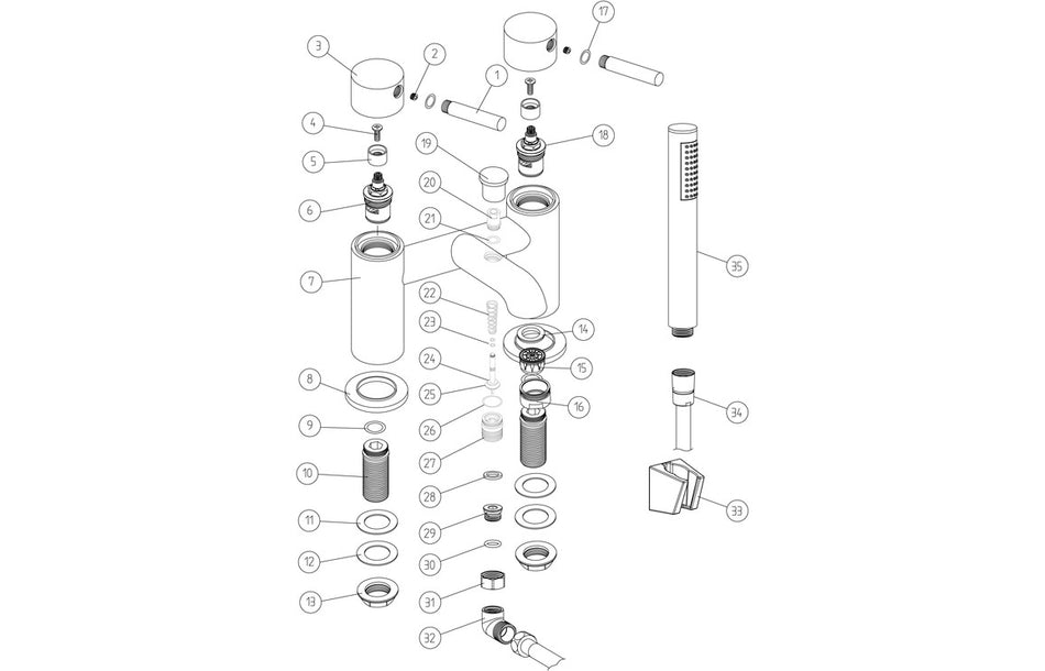 Brushed brass bath/shower mixer exploded parts diagram with brackets and cartridges