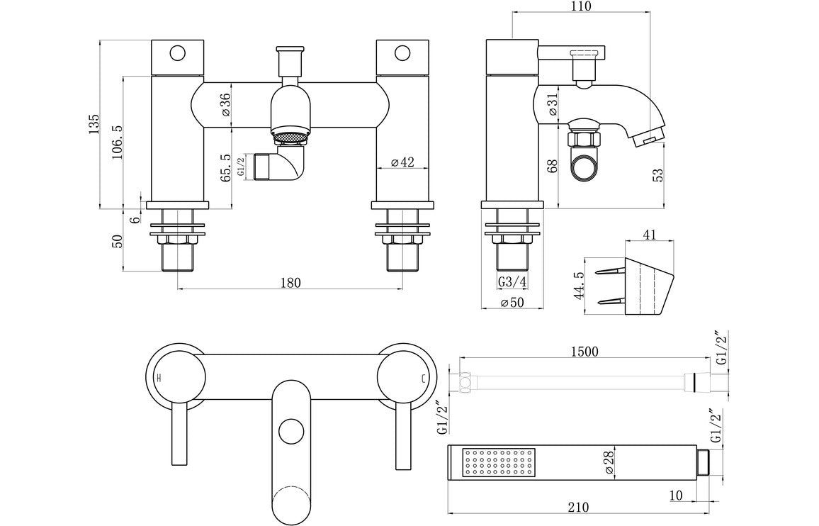 Brushed brass bath/shower mixer technical line drawing with dimensions and fittings