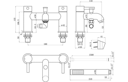 Brushed brass bath/shower mixer technical line drawing with dimensions and fittings