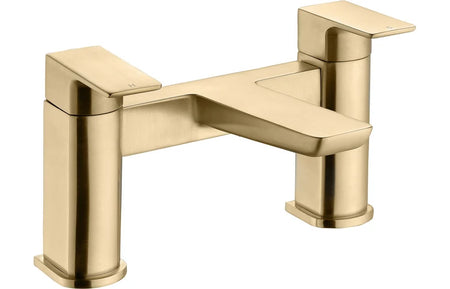 Brushed brass deck-mount bath filler with two taps and angled single spout
