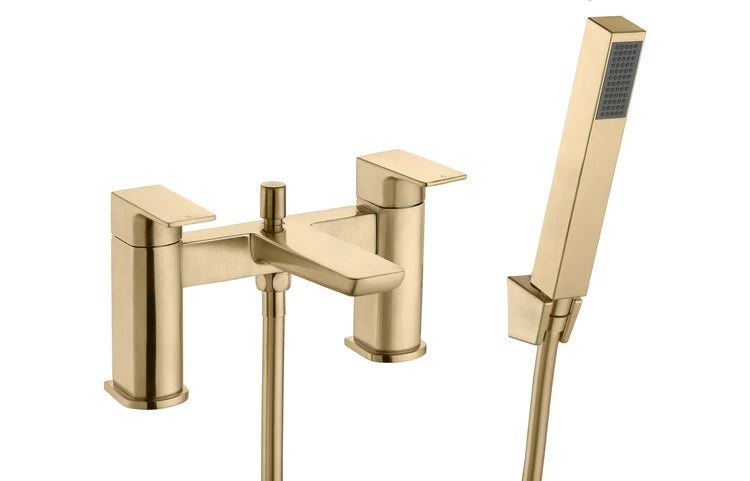 Brushed brass bath and shower mixer with cross handles and handheld shower head