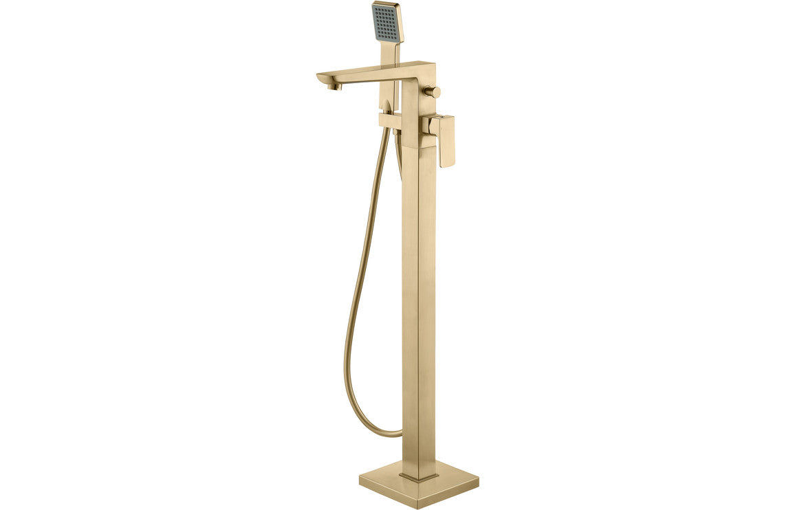 Bario floor standing bath/shower mixer, brushed brass, with hand shower and hose