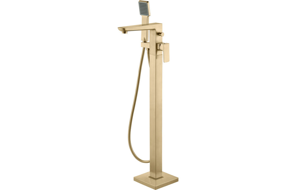 Bario floor standing bath/shower mixer, brushed brass, with hand shower and hose