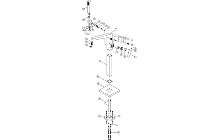 Exploded view of Bario floor standing bath/shower mixer parts, brushed brass
