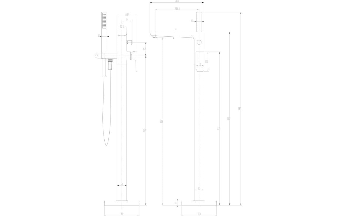 Technical line drawing of Bario floor standing bath/shower mixer, brushed brass