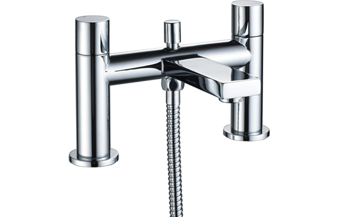 Chrome bath and shower mixer with two tall handles and handheld shower hose