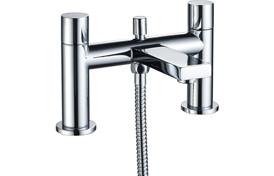 Chrome bath and shower mixer with two tall handles and handheld shower hose