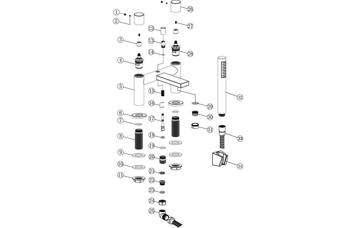Exploded view of chrome bath/shower mixer parts and fittings