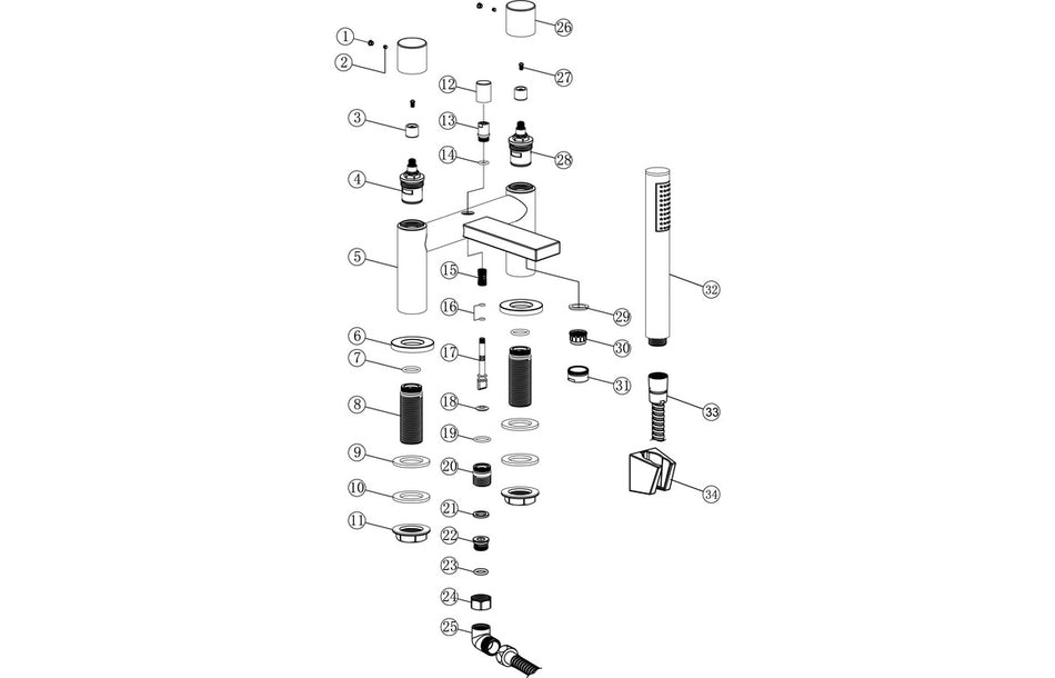 Exploded view of chrome bath/shower mixer parts and fittings