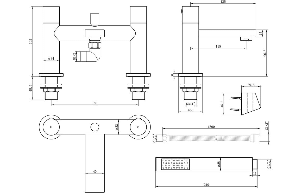 Technical line drawing of chrome bath/shower mixer with dimensions