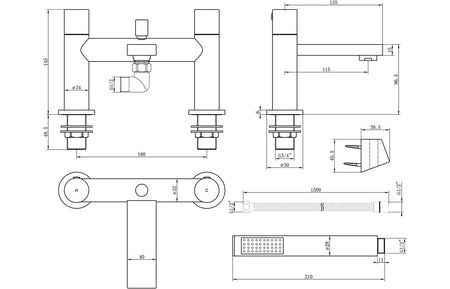 Technical line drawing of chrome bath/shower mixer with dimensions