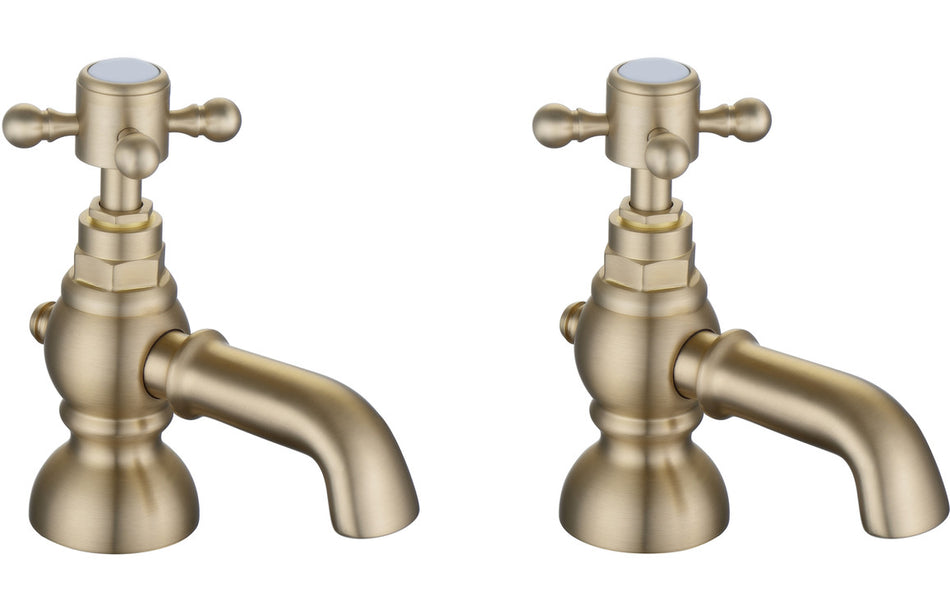Brushed brass bath pillar taps with cross handles and spout