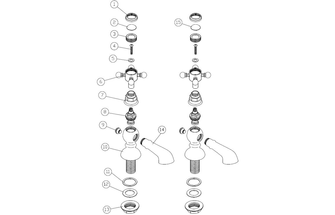 Exploded view of brushed brass bath pillar tap parts and washers