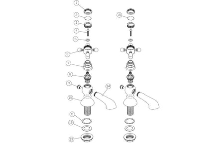 Exploded view of brushed brass bath pillar tap parts and washers