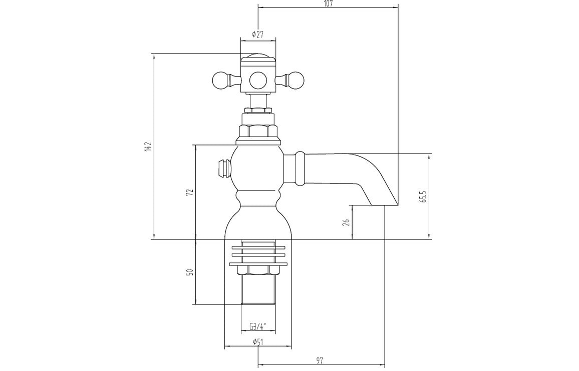 Brushed brass bath pillar tap technical drawing with dimensions