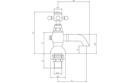 Brushed brass bath pillar tap technical drawing with dimensions