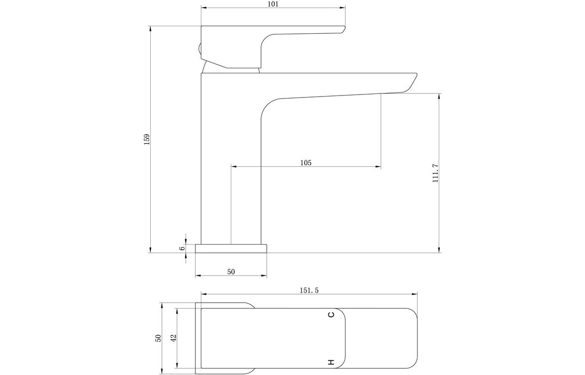 Technical line drawing with dimensions of chrome basin mixer tap