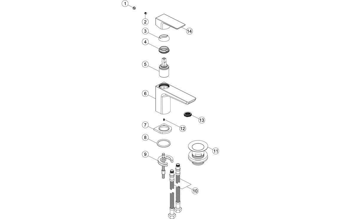 Basin mixer and waste exploded parts diagram with fittings and washers