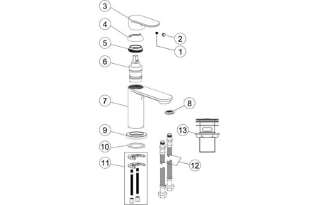Exploded parts diagram of chrome basin mixer tap showing components and cartridge