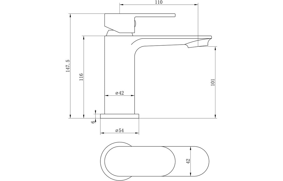 Technical line drawing of chrome basin mixer tap dimensions and side view