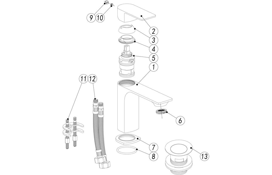 Basin mixer tap chrome exploded parts diagram with numbered components