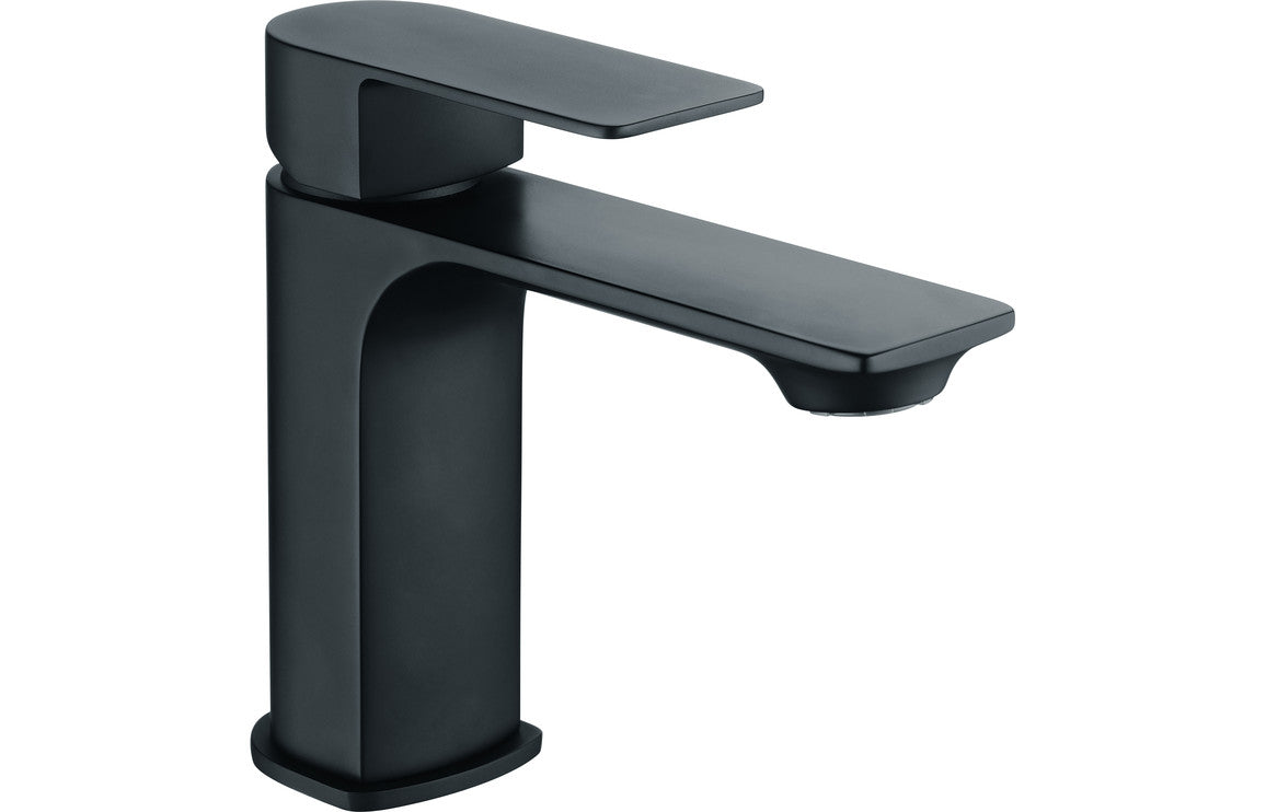 Matt black basin mixer tap with square spout and single lever, deck mounted