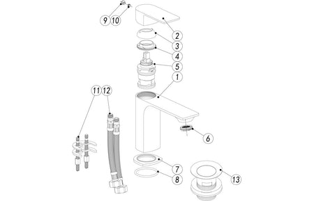 Exploded parts diagram of matt black basin mixer tap, showing handle and cartridge