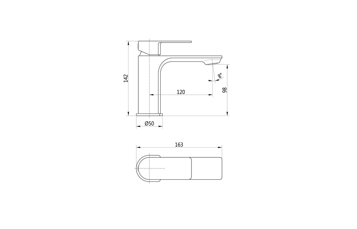 Technical dimension drawing for matt black basin mixer tap, side and front views