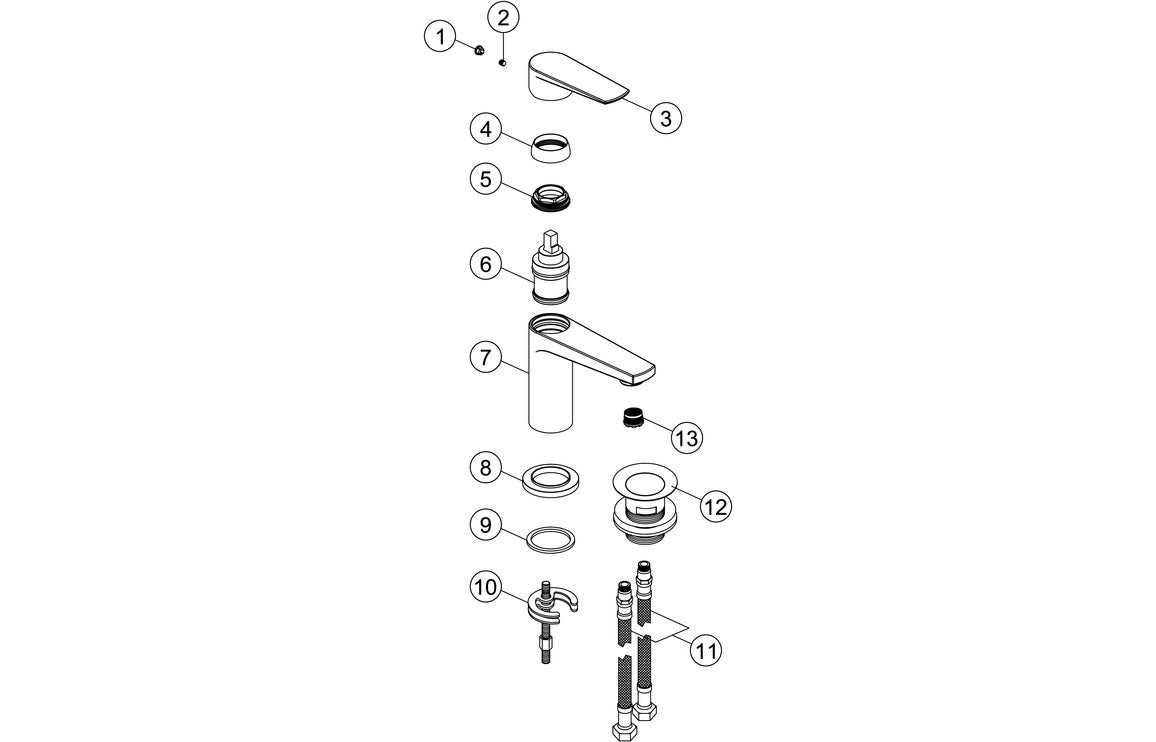 Chrome basin mixer exploded diagram with handle and cartridge parts