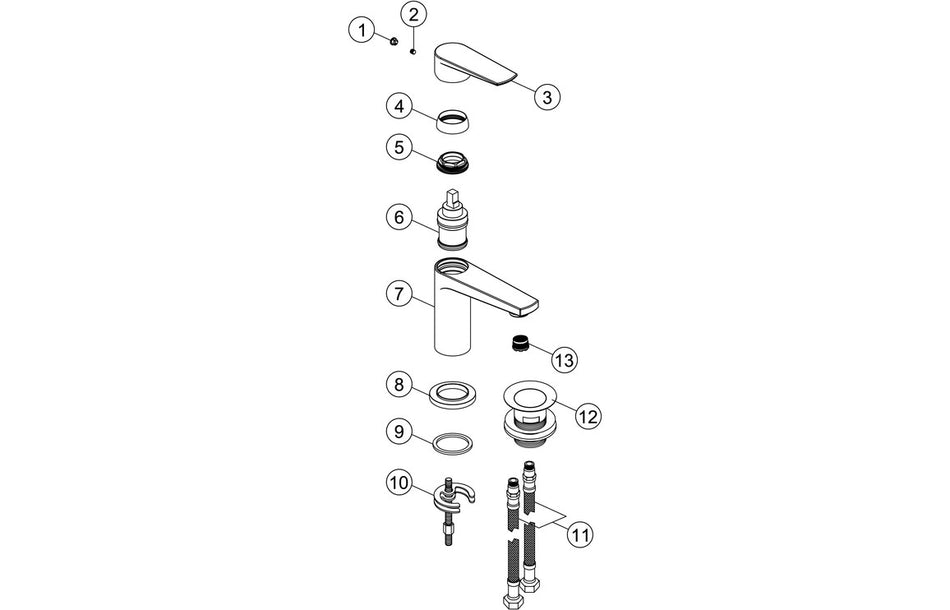 Chrome basin mixer exploded diagram with handle and cartridge parts