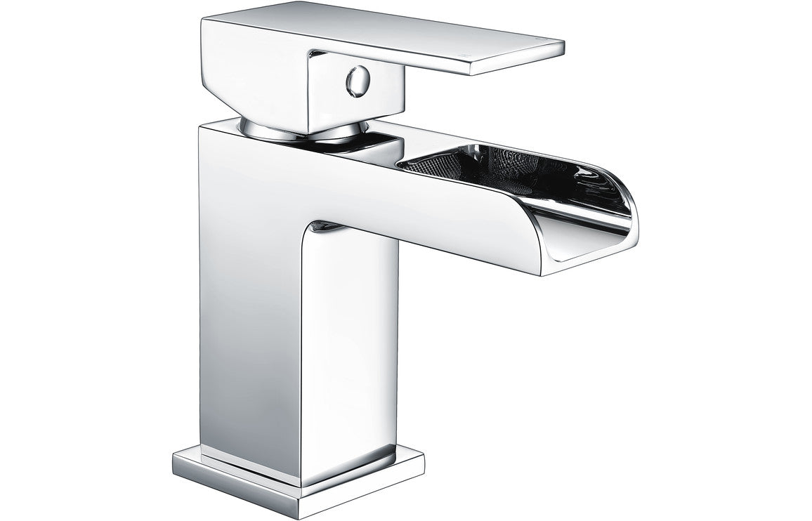Chrome single-lever basin mixer tap with square spout and pop-up handle