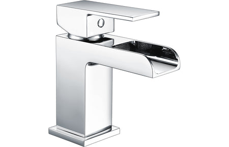 Chrome single-lever basin mixer tap with square spout and pop-up handle