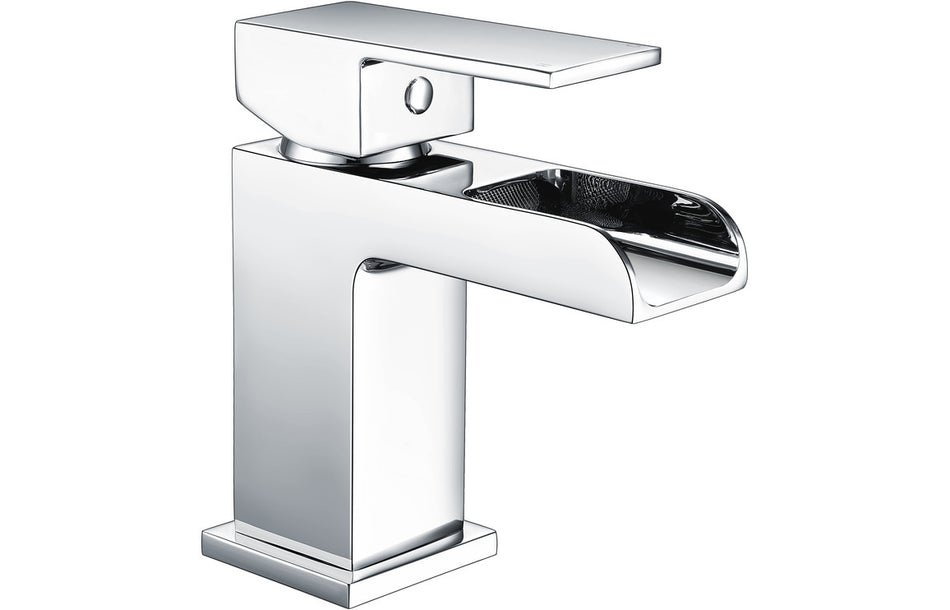 Chrome single-lever basin mixer tap with square spout and pop-up handle