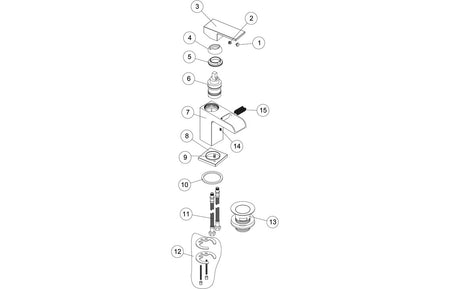 Chrome basin mixer faucet exploded parts view with numbered components