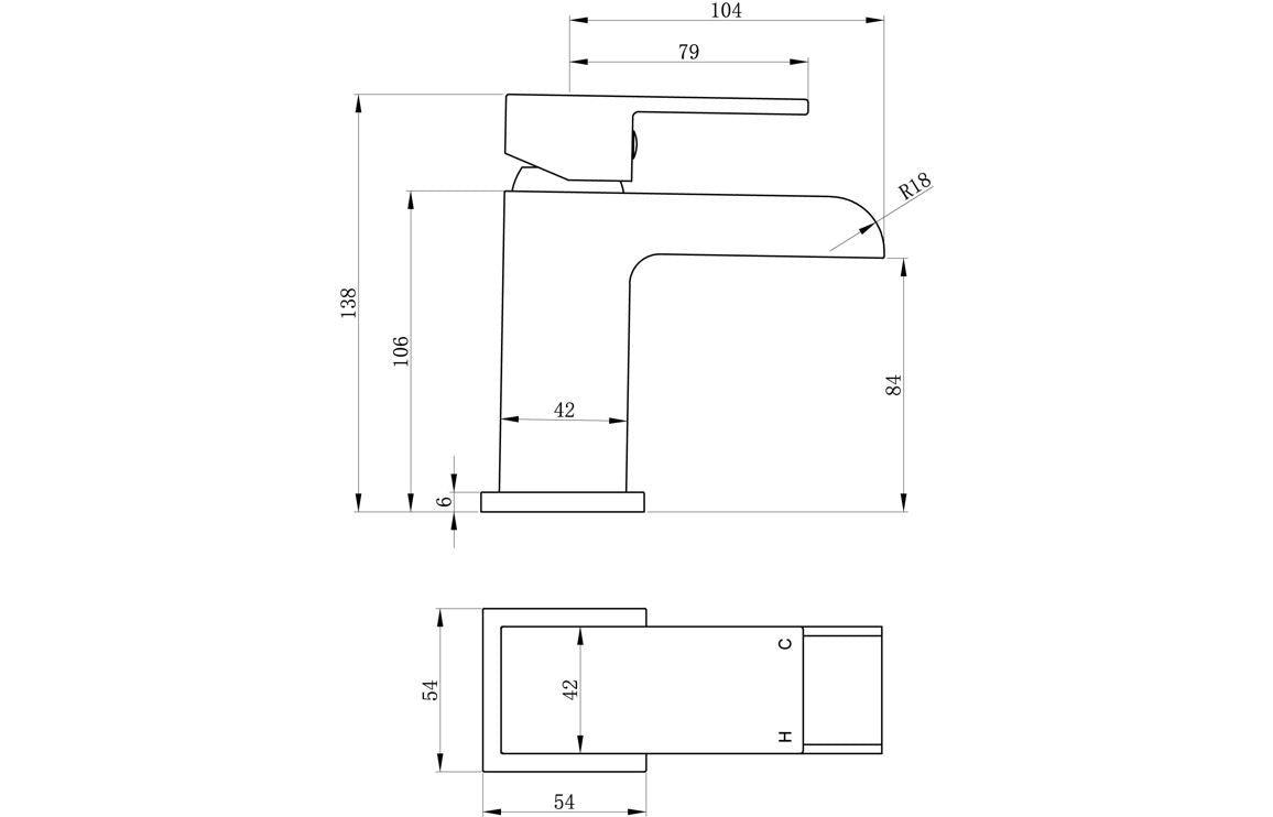Chrome basin mixer faucet dimensions line drawing for installation