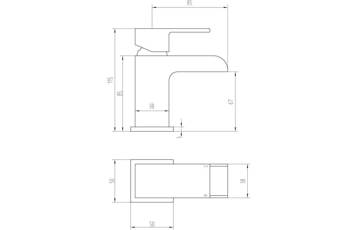 Chrome basin mixer tap with dimension lines and measurements