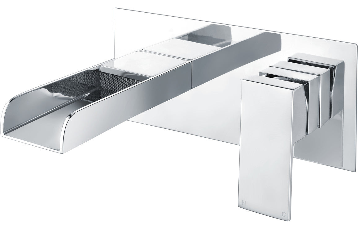 Chrome wall-mounted basin mixer with rectangular spout and cross handles
